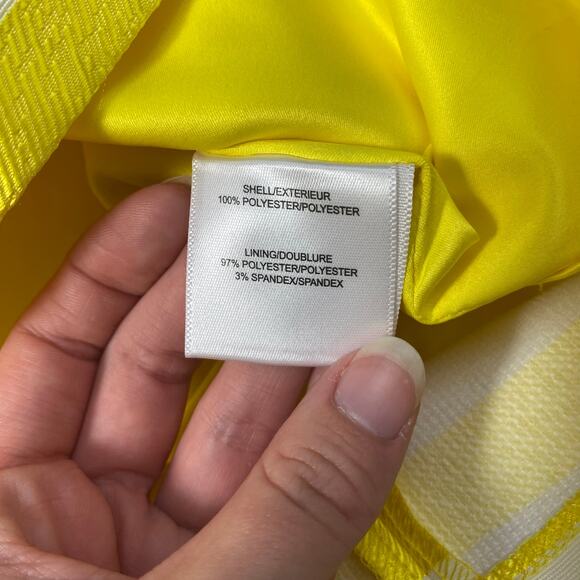 Badgley Mischka Belle Bright Yellow White Stripe Fringe Trim Sheath Dress Size 2 - Picture 10 of 11